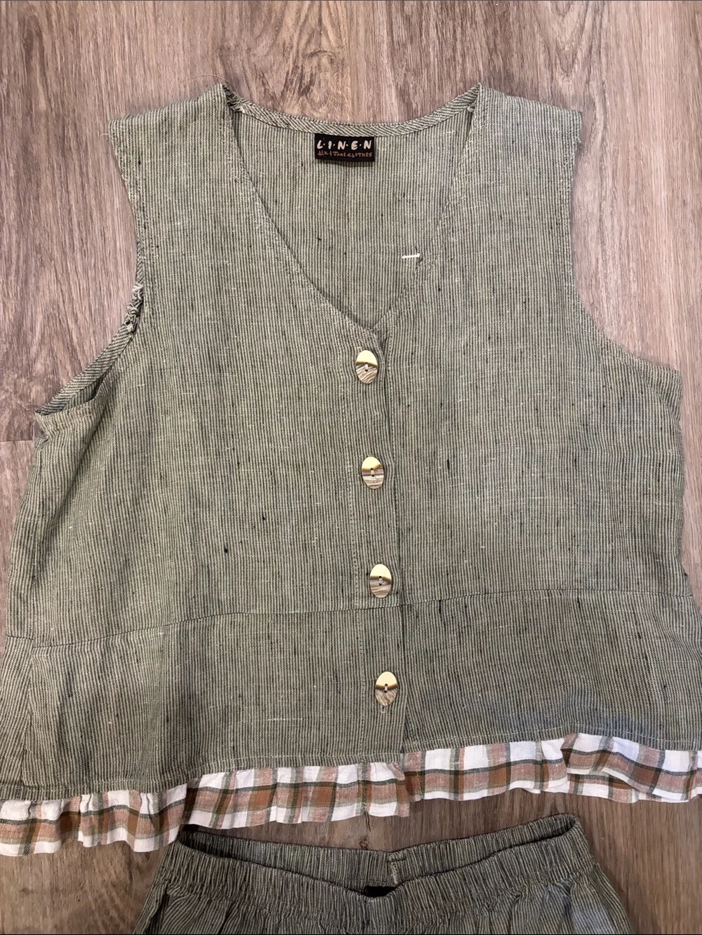 Green  Striped/Plaid Two-Piece Linen Pants & Vest Set